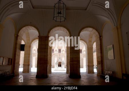 Cortile. Monastero, Ucles, provincia di Cuenca, Castilla la Mancha, Spagna. Foto Stock