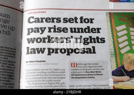 Social "assistenti per l'aumento salariale in base alla nuova (Angela) Rayner law" inews i giornale headline notizie sull'occupazione articolo 23 ottobre 2024 Londra Regno Unito Foto Stock