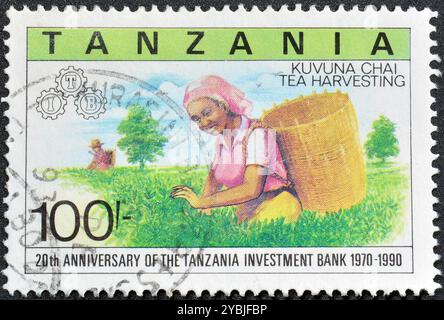 Francobollo cancellato stampato dalla Tanzania, che mostra la raccolta del tè Kuvuna Chai, Tanzania Investment Bank, 20th Anniversary, circa 1991. Foto Stock
