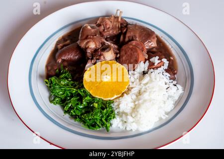 Tradizionale e vera feijoada brasiliana preparata con gli ingredienti più autentici e classici Foto Stock