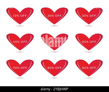 Set di banner rossi di sconto sotto forma di cuori, coupon in molte variazioni percentuali, offerta dal 10% al 90%, pulsante per aumentare le vendite sul vostro Web Illustrazione Vettoriale