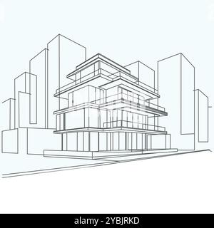 Edificio di lusso con una linea singola e continua nella grande citta'. Struttura di architettura domestica con concetto di minimalismo isolato. Illustrazione Vettoriale