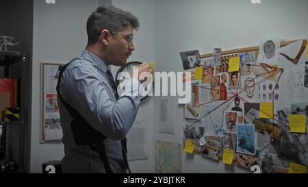 Un uomo contemplativo analizza le prove su un bordo di sughero mentre tiene una tazza in un ufficio investigativo poco illuminato. Foto Stock