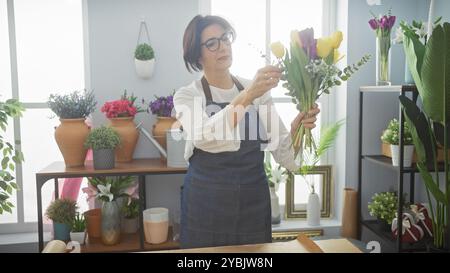 Una fioraia donna matura organizza tulipani freschi in un luminoso negozio di fiori con varie piante intorno. Foto Stock