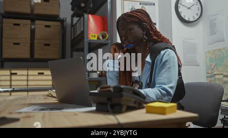 Investigatrice afroamericana concentrata che lavora in un ufficio di polizia disordinato, esaminando indizi Foto Stock