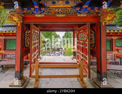 Vista incorniciata della porta Torii e a pochi passi dal Santuario Kunozan Toshogu dedicato al Tokugawa Ieyasu a Shizuoka, Giappone, il 25 settembre 2024 Foto Stock
