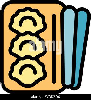 Icona colorata di una scatola piena di gnocchi deliziosi, pronti per essere gustati con bacchette, che rappresentano il cibo cinese Illustrazione Vettoriale