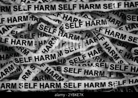 Strisce di giornale con le parole Self Hurt scritte sopra. Bianco e nero. Primo piano. Foto Stock