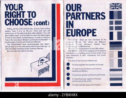 Libretto di campagna pubblicato dal governo laburista di Harold Wilson che raccomanda al Regno Unito di votare per rimanere membri della Comunità europea (mercato comune). Il referendum si è tenuto il 5 giugno 1975 con il voto del Regno Unito per rimanere. Foto Stock