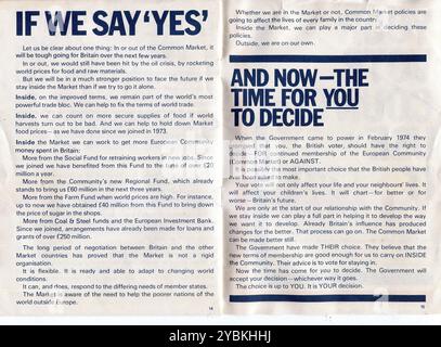 Libretto di campagna pubblicato dal governo laburista di Harold Wilson che raccomanda al Regno Unito di votare per rimanere membri della Comunità europea (mercato comune). Il referendum si è tenuto il 5 giugno 1975 con il voto del Regno Unito per rimanere. Foto Stock