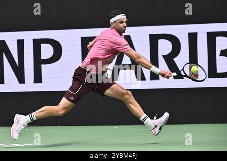 Stoccolma, Svezia. 19 ottobre 2024. STOCCOLMA, SVEZIA 20241019Grigor Dimitrov della Bulgaria in azione durante la semifinale del BNP Paribas Nordic Open ATP tennis singolare contro Tallon Griekspoor dei Paesi Bassi alla Royal Tennis Hall di Stoccolma, Svezia, il 19 ottobre 2024. Foto: Claudio Bresciani/TT/codice 10090 credito: TT News Agency/Alamy Live News Foto Stock