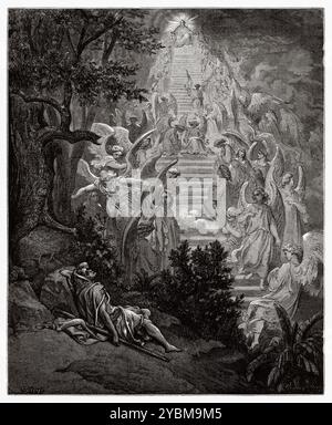 Il sogno di Jacob. Mentre dorme, Giacobbe riceve un sogno da Dio che cambia la sua vita. Vede una grande struttura come una scala, una torre o una scala, che si estende dalla terra al cielo (Genesi 28:12) lungo tutta questa scala vede gli angeli salire e scendere su di essa. Allora la voce di Dio suona mentre parla a Giacobbe. Vecchio Testamento. Illustrazione della bibbia antica di Gustave Dore (1832–1883) Foto Stock