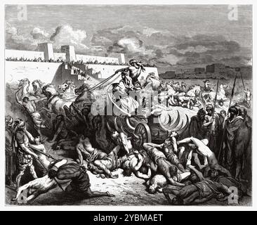 David sconfigge gli Ammoniti. L'esercito di re Davide, sotto il comando di Joab, sconfigge re Hanun e gli Ammoniti (Samuele 12, 27-8). Illustrazione della bibbia antica di Gustave Dore (1832–1883) Foto Stock