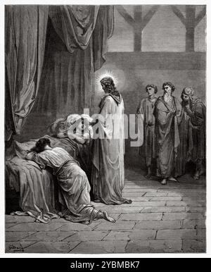 Il risveglio della figlia di Jairus dalla morte. Nuovo Testamento. Illustrazione della bibbia antica di Gustave Dore (1832–1883) Foto Stock