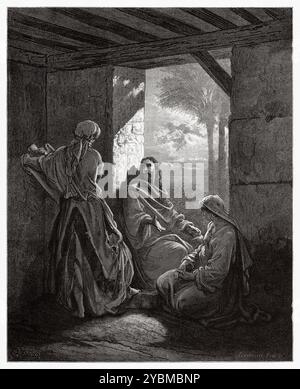 Gesù nella casa di Marta e Maria (Luca 10, 41, 42) nuovo Testamento. Illustrazione della bibbia antica di Gustave Dore (1832–1883) Foto Stock