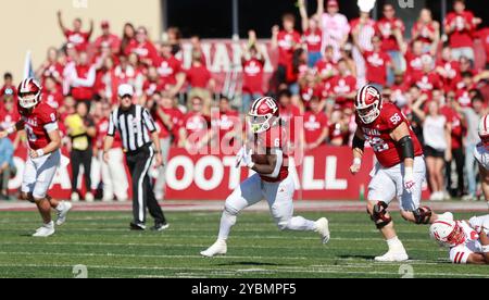 Bloomington, Stati Uniti. 19 ottobre 2024. BLOOMINGTON, INDIANA - 19 OTTOBRE: Il running back degli Indiana Hoosiers Justice Ellison (6) porta la palla contro il Nebraska durante una partita di football della NCAA il 19 ottobre 2024 al Memorial Stadium di Bloomington, Indiana. ( Crediti: Jeremy Hogan/Alamy Live News Foto Stock