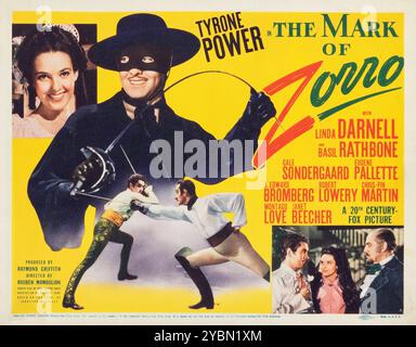 The Mark of Zorro (20th Century Fox, 1940) Tyrone Power nel ruolo di Zorro con Linda Darnell - lobby card Foto Stock