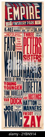 Un poster per un'apparizione di "Fats" Waller a Londra all'Empire Theatre di Finsbury Park, 29 agosto 1938 Foto Stock