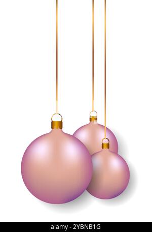 Tre ornamenti natalizi rosa sono sospesi con nastri dorati su sfondo bianco, creando un'atmosfera festosa e allegra Illustrazione Vettoriale