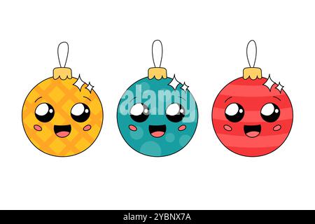 Graziosi ornamenti per alberi di Natale con volti allegri. Adorabili baubles sorridenti impostano l'illustrazione vettoriale. Decorazioni natalizie Doodle, personaggi felici Illustrazione Vettoriale
