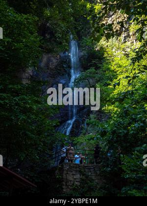 Batumi, Georgia. 08.19.2024 flusso d'acqua verticale. Cascata in montagna. Makhuntseti. Bel posto turistico. Stretta cascata Foto Stock