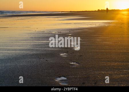 Le impronte di sabbia bagnata conducono verso il tramonto su una spiaggia tranquilla. Foto Stock