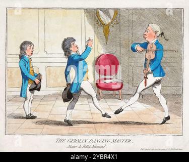 Una divertente stampa a cartoni che incide a mano l'incisione colorata del Maestro Danzante tedesco, acquerello su carta caricature umane dell'epoca georgiana creata da James Gillray art ArtWork 1782. Due uomini e un ragazzo in un abbigliamento elegante sembrano essere in una lezione di danza, con un uomo che suona il violino mentre l'altro balla. Una sedia rossa e uno specchio decorativo adornano lo sfondo, aggiungendovi un ambiente raffinato. Foto Stock