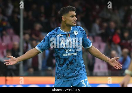 Salerno, Italia. 19 ottobre 2024. Ales Mateju di Spezia calcio gesti durante la serie BKT tra US Salernitana 1919 vs. Spezia calcio allo Stadio Arechi il 19 ottobre 2024 a Salerno, italia (Credit Image: © Agostino Gemito/Pacific Press via ZUMA Press Wire) SOLO USO EDITORIALE! Non per USO commerciale! Foto Stock