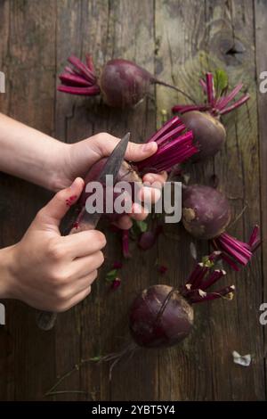 Presentazione di foto del momento quando si Pelare le barbabietole Foto Stock