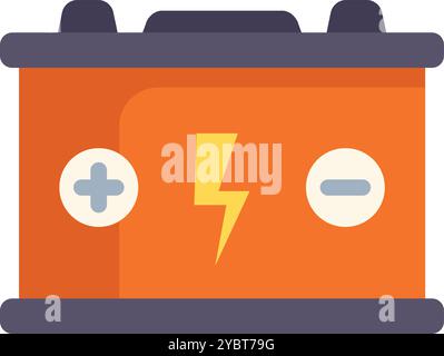 Batteria arancione per auto che fornisce alimentazione elettrica per avviare il motore di un veicolo con morsetti positivo e negativo Illustrazione Vettoriale