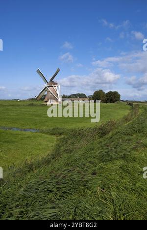 Mulino a vento Miedenmolen vicino al villaggio olandese Holwerd vicino al mare di Wadden Foto Stock