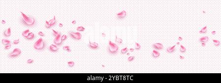 Petali di fiori rosa che volano isolati su sfondo trasparente. Illustrazione vettoriale realistica di rosa, sakura, foglie giapponesi di ciliegio in fiore nell'aria, ro Illustrazione Vettoriale