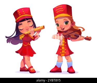 Ragazze della band parata che suonano flauto e violino isolati su sfondo bianco. Illustrazione vettoriale di bambini felici in uniforme rossa che si esibiscono al co Illustrazione Vettoriale