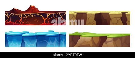 Texture senza cuciture per livelli di interfaccia utente di gioco. Set di vettori cartoon di superfici smerigliate tagliate. Terreno con erba verde, roccia con lava e magma Illustrazione Vettoriale