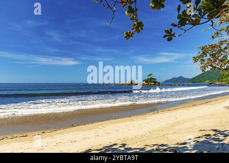 La spiaggia selvaggia di Rmote di Castelhanos e il suo paesaggio tropicale paradisiaco sull'isola di Ilhabela a San Paolo Foto Stock