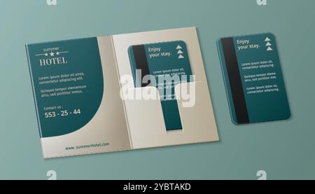 Tessera con tecnologia moderna per hotel e uffici con coperchio. Immagine vettoriale realistica di una keycard in plastica dell'appartamento con banda magnetica e testo p Illustrazione Vettoriale