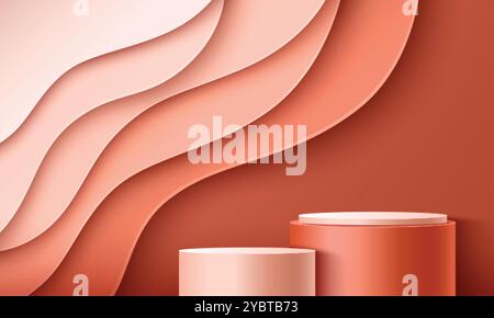 studio 3d wave con podio display per il prodotto. Spazio minimo astratto con piedistallo circolare. Modello geometrico ondulato e con sfondo curvo con c Illustrazione Vettoriale
