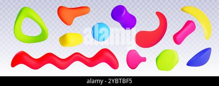Forma in argilla plasticina colorata e astratta. Set di illustrazioni vettoriali 3d realistiche con elementi di doodle liquidi per bambini per un design estetico y2k. Illustrazione Vettoriale