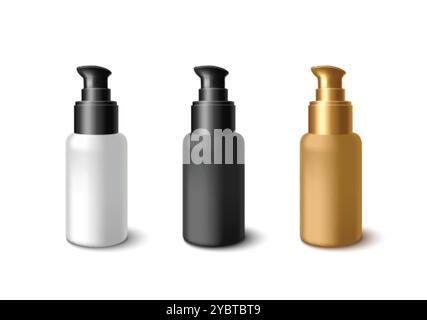 Set di flaconi per pompe cosmetiche isolati sullo sfondo. Illustrazione vettoriale realistica del contenitore 3D bianco, nero dorato con dispenser, bellezza della pelle del viso Illustrazione Vettoriale