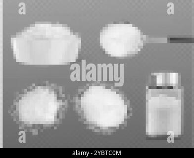 Set di pali di sale rosa e bianco isolato su sfondo trasparente. Illustrazione vettoriale realistica di cristalli di cloruro di potassio in cucchiaio, containa di vetro Illustrazione Vettoriale