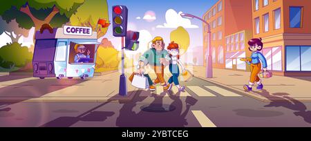 Persone che camminano lungo un passaggio pedonale lungo la strada della città. Illustrazione vettoriale del paesaggio urbano estivo con strada asfaltata con semaforo, par Illustrazione Vettoriale