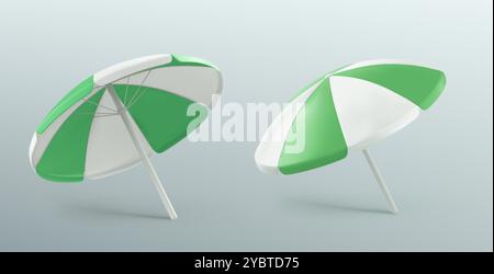 Ombrelloni da spiaggia isolati sullo sfondo. Illustrazione vettoriale realistica di ombrelloni bianchi e verdi a strisce, protezione dalle intemperie soleggiate, simbolo di somma Illustrazione Vettoriale