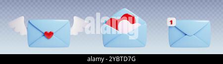 lettera d'amore blu 3d con icona vettoriale cuore. Messaggio regalo di San Valentino in busta aperta per la madre. Elemento grafico realistico per la connessione wi-fi per matrimoni Illustrazione Vettoriale