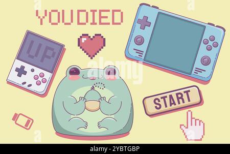 Simpatici badge e adesivi per videogiochi retrò. Elementi cartoon flat e pixel art di un videogioco d'epoca: Il personaggio della rana kawaii gioca con il cucciolo digitale han Illustrazione Vettoriale