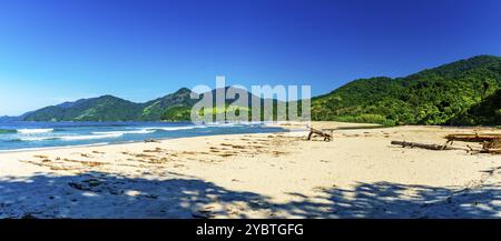 La spiaggia di Castelhanos tra il mare, le montagne e le foreste dell'isola di Ilhabela sulla costa di San Paolo Foto Stock