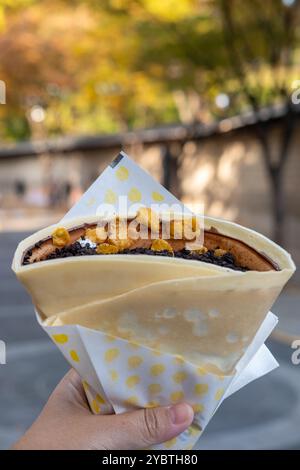 Una mano che regge una crepe ripiena di cioccolato, biscotti tritati e ricoperta di cornflakes croccanti, con un paesaggio autunnale sullo sfondo Foto Stock