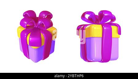 Set di confezioni regalo 3D isolate su sfondo bianco. Illustrazione vettoriale realistica di regali chiusi avvolti in carta viola e gialla, decorati con pi Illustrazione Vettoriale
