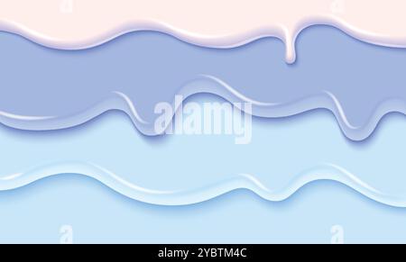 Bordo della sostanza liquida blu e bianca. Illustrazione vettoriale realistica di fusione del gelato o del flusso di yogurt, spruzzi di vernice colorata 3d, gocce di ghiaccio dolce po Illustrazione Vettoriale
