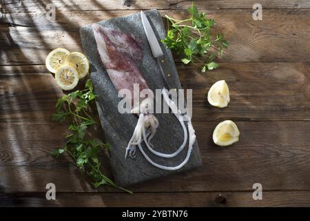 Presentazione di un calamaro fresco e crudo con prezzemolo e limone Foto Stock