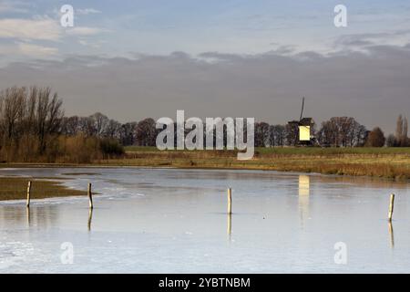 Frozen River foreland dal fiume Maas vicino al villaggio olandese di Batenburg con il mulino a vento in background Foto Stock